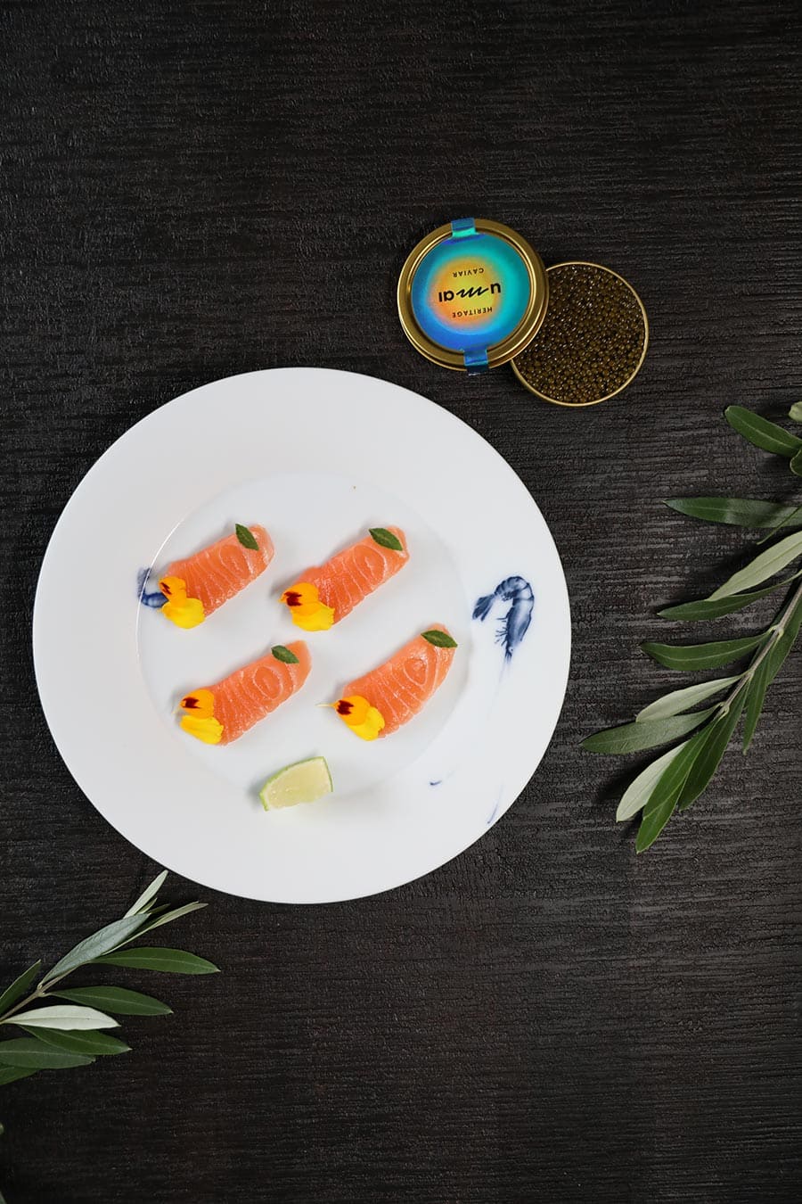 Salmon sashimi (you can use lightly smoked salmon for this too) with Umai Heritage caviar and soy vinaigrette. Mix olive oil, soy sauce, lemon juice, sesame oil and lime zest for a refreshing but not over-powering vinaigrette.