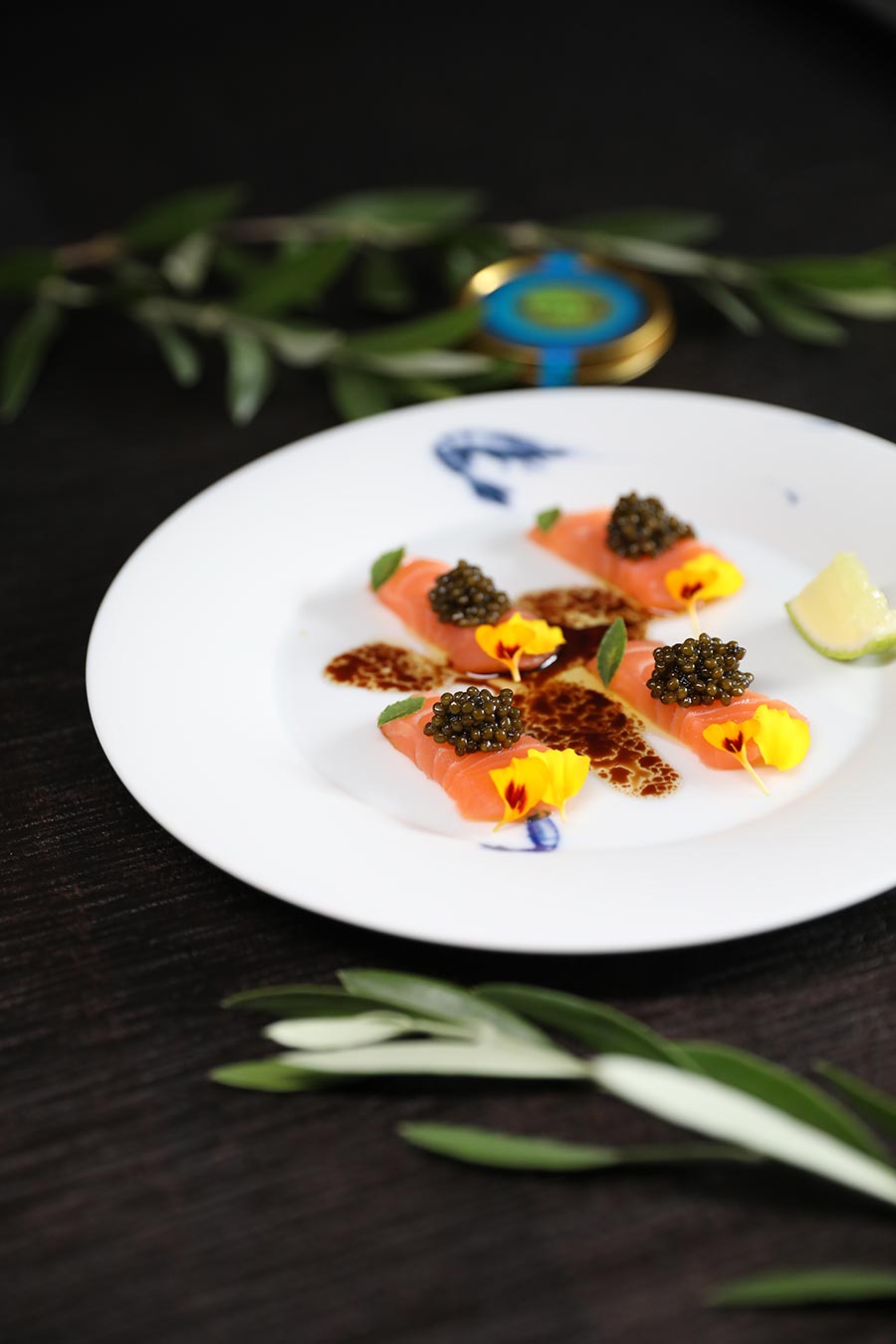 Salmon sashimi (you can use lightly smoked salmon for this too) with Umai Heritage caviar and soy vinaigrette. Mix olive oil, soy sauce, lemon juice, sesame oil and lime zest for a refreshing but not over-powering vinaigrette.